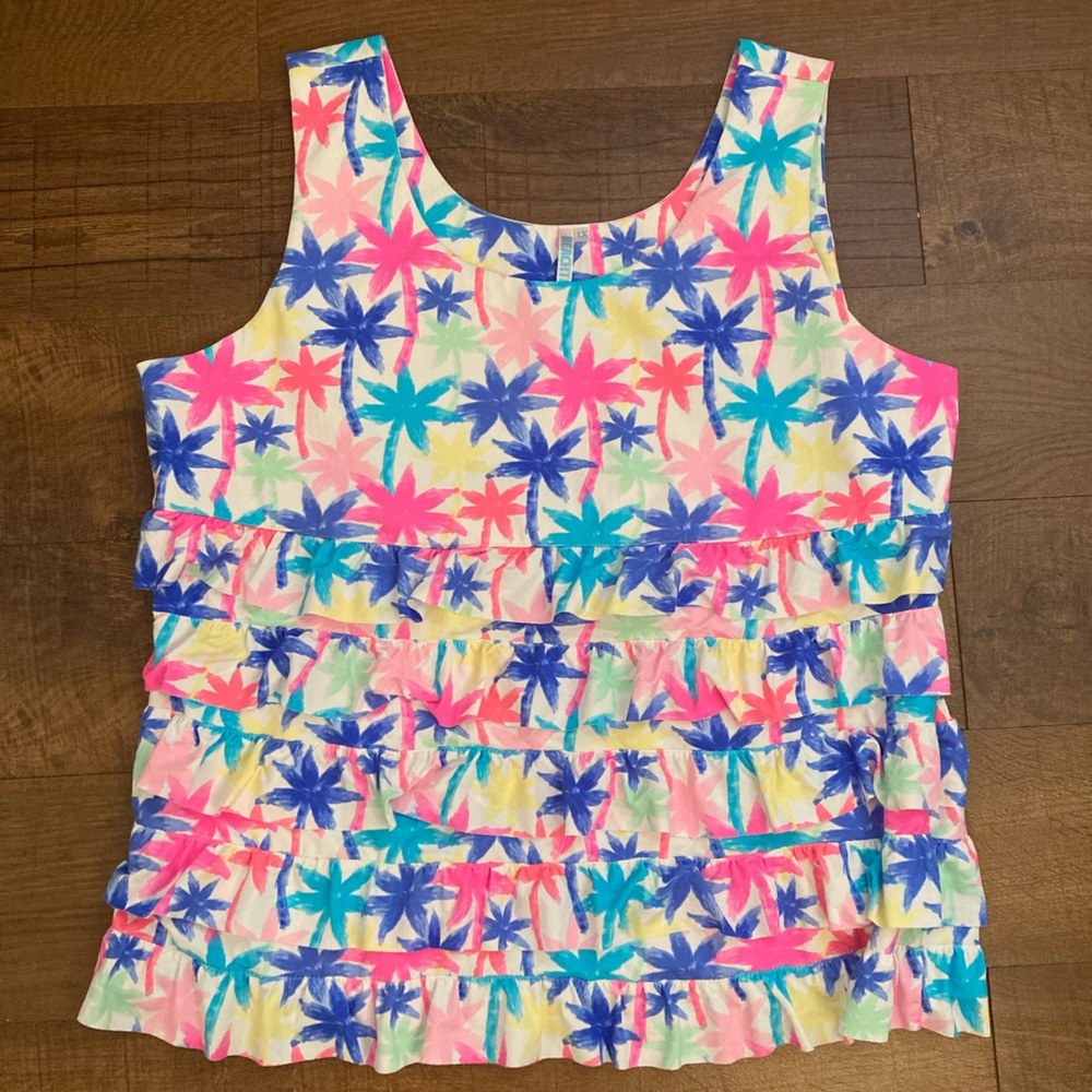 Beachtime by Lulu B Cha Cha Tank Ruffle Tennis Golf Palm Trees Women’s 1X